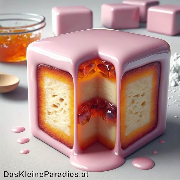 Punschkrapfen – Rosa überzogene Würfel aus Biskuit mit Rum- und Marmeladenfüllung