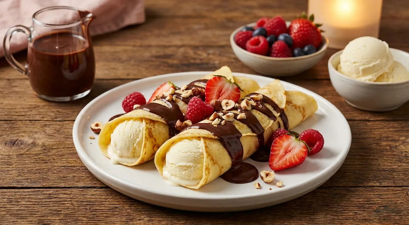 Eispalatschinken – Palatschinken gefüllt mit Vanilleeis und Schokoladensauce