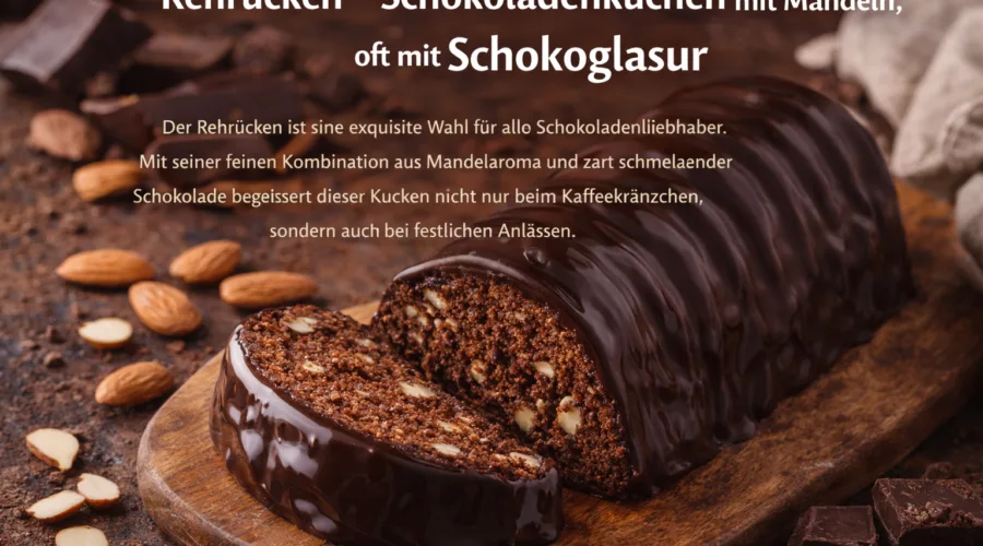 Rehrücken – Schokoladenkuchen mit Mandeln, oft mit Schokoglasur