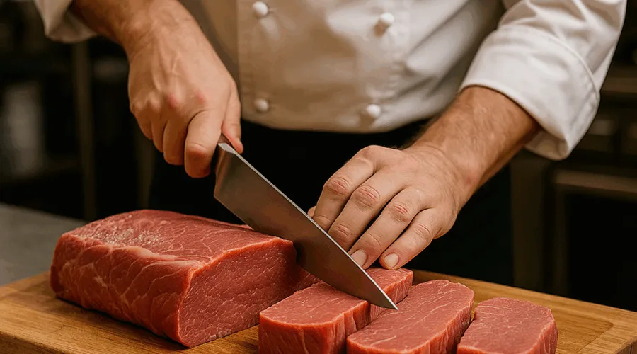 Ein Koch schneidet frisches Rindfleisch mit einem scharfen Messer in gleichmäßige, ca. 2–3 cm dicke Scheiben – perfekt vorbereitet für deinen Zwiebelrostbraten. Lass es dir schmecken