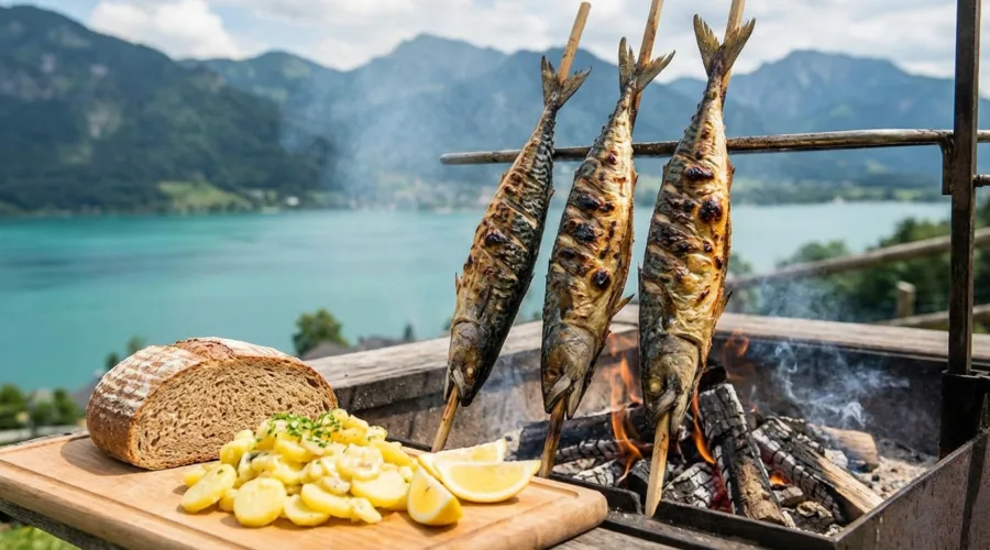 Steckerlfisch – Gegrillter Fisch am Spieß, besonders beliebt am Wolfgangsee