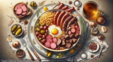 fiakergulasch – Wiener Gulasch mit Wurst, Gurkerl und Spiegelei